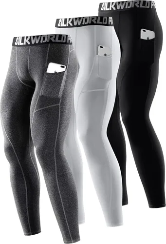 Miniatura 42 de SILKWORLD Paquete de 1 a 3 pantalones de compresión para hombre, con bolsillos, leggings de gimnasio y secado fresco