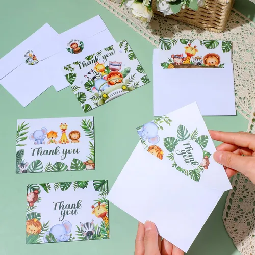 Miniatura 5 de Yeaqee 100 tarjetas de agradecimiento de la selva de safari con sobres, calcomanías de animales del bosque, tarjetas de felicitación de vegetación
