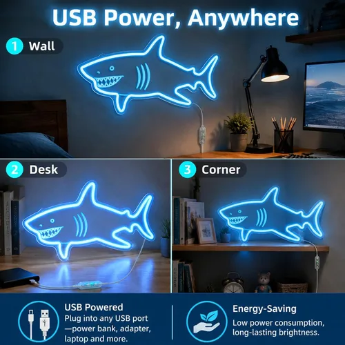 Miniatura 7 de Letrero de neón de tiburón con sensor de movimiento, letrero de neón LED azul hielo con 3 modos regulables, tablero acrílico decoración de tiburón