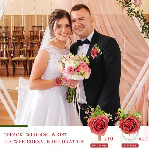 Miniatura 3 de Sherr Juego de 20 ramilletes de rosas y boutonniere, ramillete de muñeca de flores, pulsera de pulsera para novio y hombre, boutonniere de boda