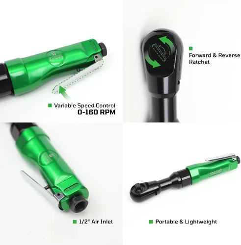 Miniatura 3 de Dynamic Power Trinquete de aire profesional reversible de 3/8 pulgadas (verde y negro) Par máximo: 45 FT-LBS