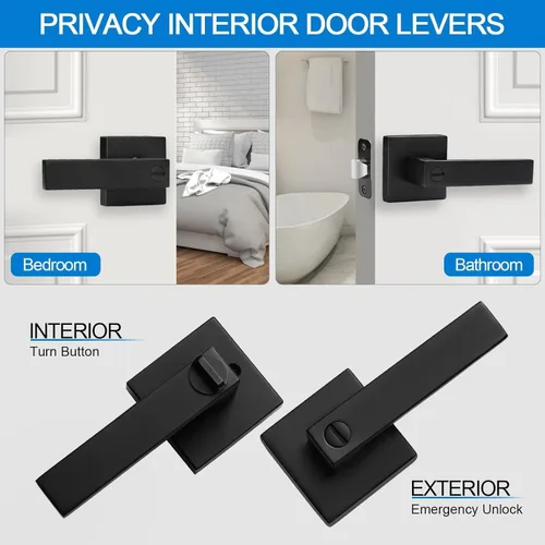 Miniatura 2 de Paquete de 6 manijas de puerta de color negro mate, manijas de puerta de privacidad, cerraduras de puerta resistentes para cama y baño, pomos