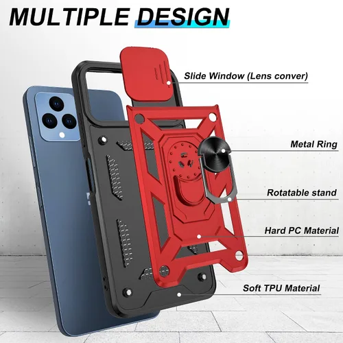 Miniatura 3 de ATUMP Funda para T-Mobile Revvl V Plus 5G con protector de pantalla HD con cubierta de cámara deslizante, soporte de anillo de rotación de 360° Negro