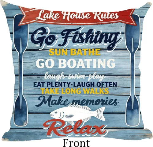 Miniatura 2 de Ramirar Funda de almohada decorativa de verano con texto en inglés "Lake House Rules Go Fishing Boating", estilo retro, para el hogar, sala