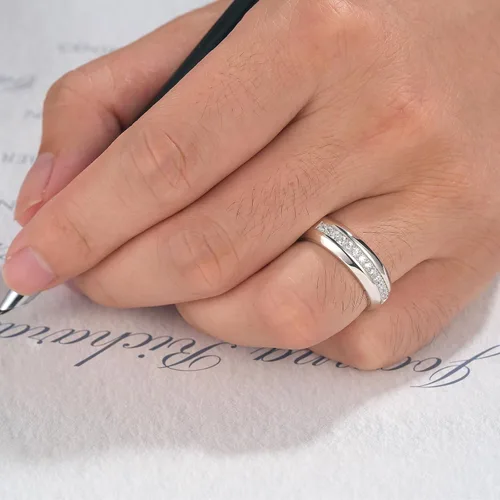 Miniatura 4 de Anillo de boda de oro blanco para hombre, plata de ley 925 con 13 circonitas cúbicas de corte redondo, anillo de compromiso para él, talla 7-14