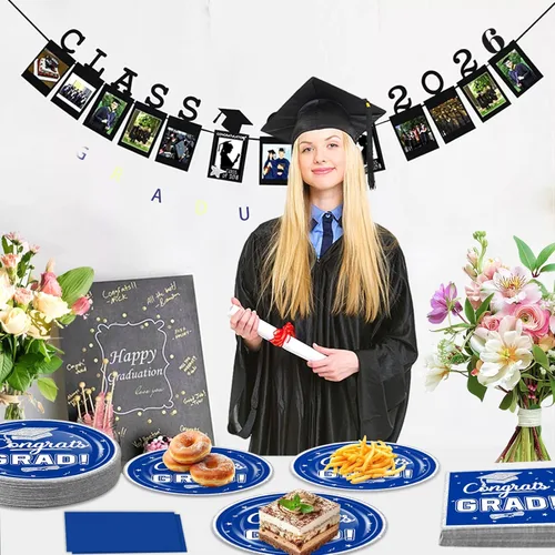 Miniatura 5 de OuMuaMua suministros de vajilla para fiesta de graduación 2026 - 200 piezas, platos y servilletas desechables azules y blancas para la decoración