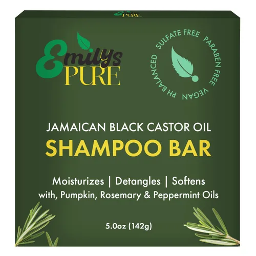 Emily's Pure Barra de champú de aceite de ricino negro jamaicano, 5 onzas, champú sólido sin sulfato para soporte de roturas y cuidado del cuero