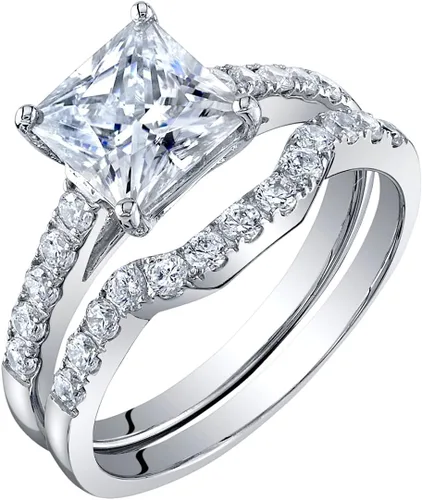 PEORA Juego de anillo de compromiso y alianza de boda de corte princesa moissanita en plata de ley, centro de 2 quilates, color DE, claridad VVS,