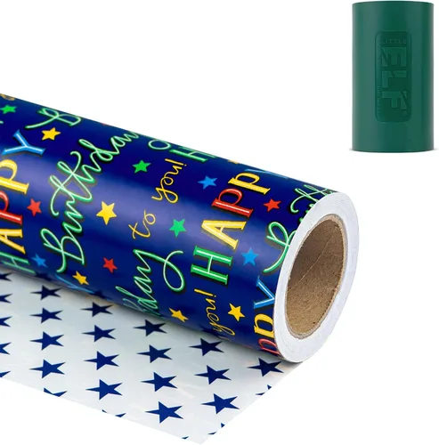 Miniatura 18 de WRAPAHOLIC Papel de regalo reversible, mini rollo, 17 pulgadas x 33 pies, diseño de mármol azul con rayas para cumpleaños, vacaciones, bodas, baby