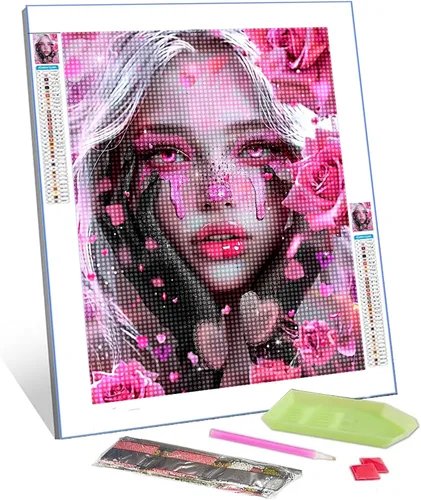 Kits de Pintura de Diamantes Chica Negro Rosa para Adultos DIY Diferentes Pupilas Mujeres 5D Taladro Completo Redondo Cristal Diamantes de Imitación