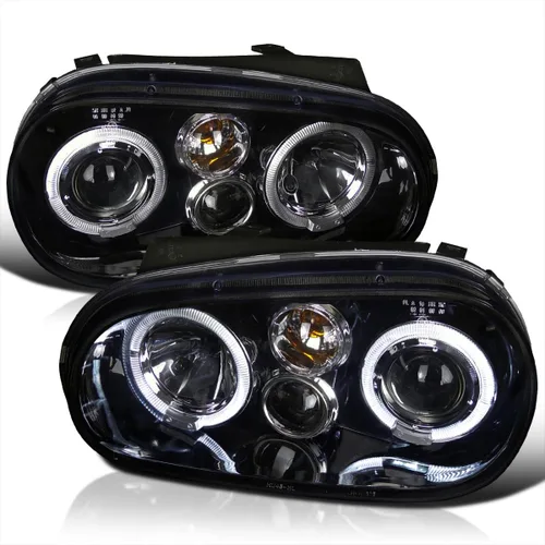 SPEC-D TUNING Faros delanteros con halo doble negro ahumado Compatible con 1999-2006 Volkswagen Golf, Golf GTI VW MK4 Ensamble de faros delanteros