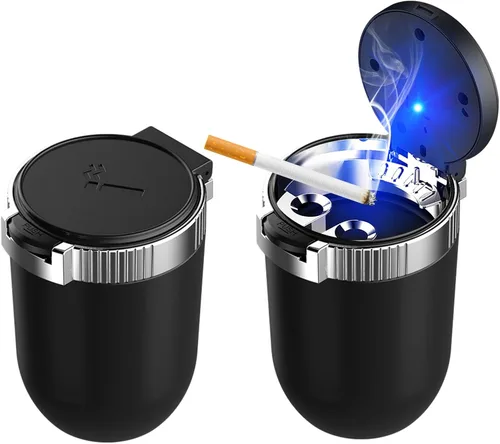 Miniatura 12 de Ohleats Cenicero de coche con tapa, cenicero desmontable de acero inoxidable con luz LED azul, cenicero portátil mini para vehículo, portavasos