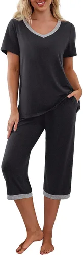 PrinStory - Conjunto de pijama para mujer, manga corta, con pantalones tipo capri con bolsillos