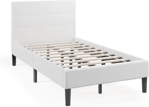 Miniatura 8 de Giantex Base de cama tapizada tamaño individual, cama de plataforma con cabecera capitoné con botones, base de colchón de soporte de listones