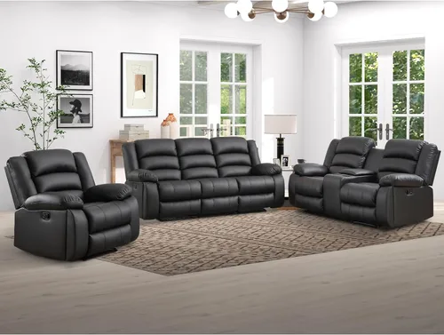 Miniatura 14 de EBELLO Juego de sofá reclinable manual de piel sintética, sofá reclinable de 3 asientos, juego de muebles de sofá para sala de estar, color negro