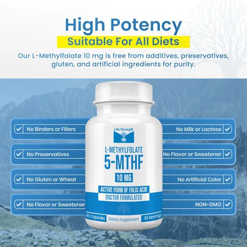 Miniatura 6 de L Metilfolato de 10 mg 90 cápsulas Suplemento de metilfolato optimizado y altamente bioactivo 5-MTHF soporta energía, enfoque y estado