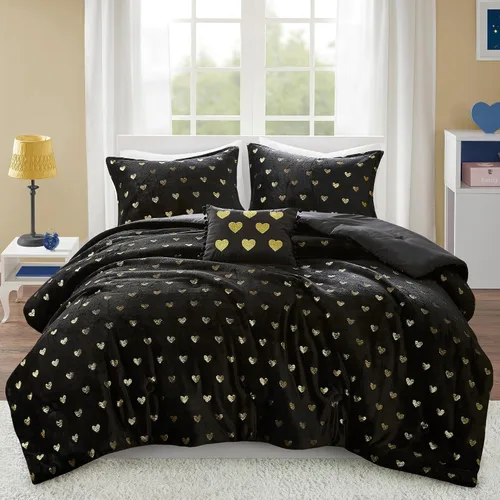 Intelligent Design Rosalie - Juego de edredón tamaño individual, 3 piezas con corazones metálicos para niñas, juego de cama individual de felpa