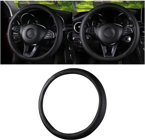 HZEL Funda para volante de automóvil, protector de volante de vehículo de cuero de fibra de carbono, antideslizante, transpirable, accesorios de