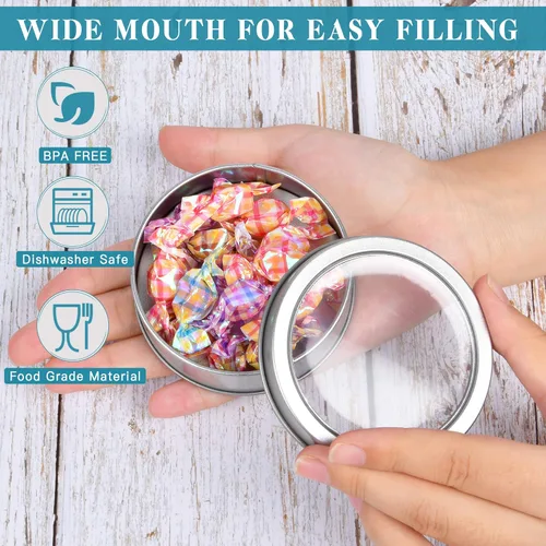 Miniatura 5 de Paquete de 20 latas de metal de 3.5 onzas, latas redondas vacías con parte superior transparente, latas de almacenamiento para cocina, oficina
