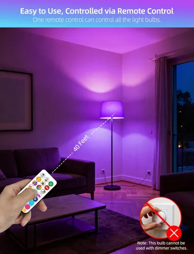 Miniatura 3 de ILC Bombilla LED equivalente a 85 W, bombillas que cambian de color, 2700 K, blanco cálido, control remoto RGB 6 modos, temporizador