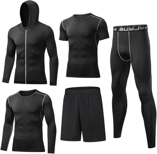 BUYJYA 5 piezas de pantalones de compresión para hombre, camisa de manga larga, conjunto atlético, ropa de gimnasio, entrenamiento, regalo del día