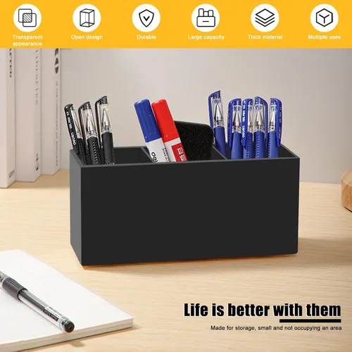 Miniatura 3 de Cerpourt Organizador de brochas de maquillaje negro, soporte de almacenamiento de brochas cosméticas de acrílico con 3 ranuras, soporte para lápices