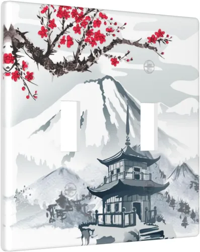 Placa de pared para interruptor de luz de palanca, torre de montaña con diseño de cerezo japonés, cubierta de doble interruptor, tamaño de 2 bandas,