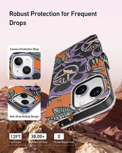 Miniatura 5 de DEENAKIN Funda tipo cartera para iPhone 15 con tarjetero + clip para efectivo, bloqueo RFID, protección contra caídas de grado militar y obras