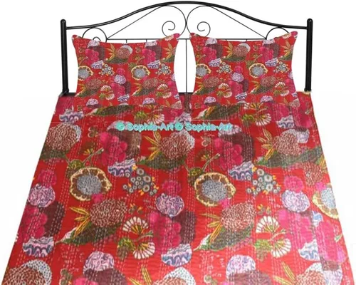Miniatura 29 de Sophia-Art Colcha reversible de frutas indias para cama individual/king con patrón Gudri de algodón puro estilo Kantha, colcha decorativa con Rosa