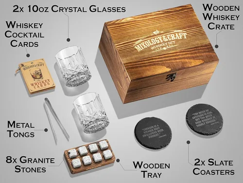 Miniatura 3 de Mixology & Craft Juego de vasos de whisky para hombre, 13 piezas con paquete de 2 vasos de corte de diamante con 8 piedras de granito, 2 posavasos