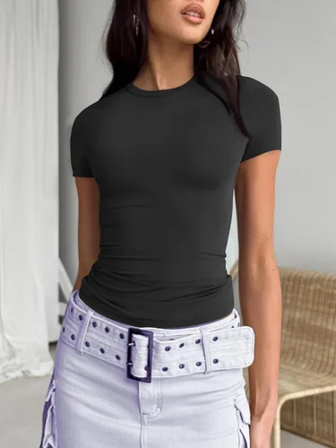 Miniatura 2 de Trendy Queen Camisetas básicas para mujer, cuello redondo, manga corta, lindas camisetas de verano, ajustadas, ropa Y2K