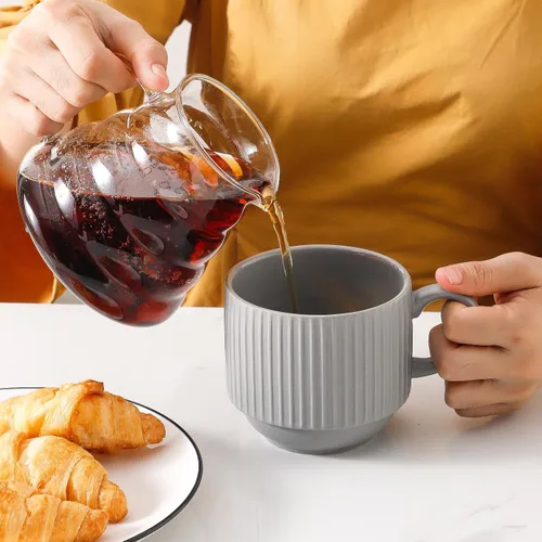 Miniatura 6 de Hasense Juego de tazas de café, juego de 4 tazas de té apilables con soporte - Juego de tazas grandes de cerámica acanaladas de 15 onzas para latte