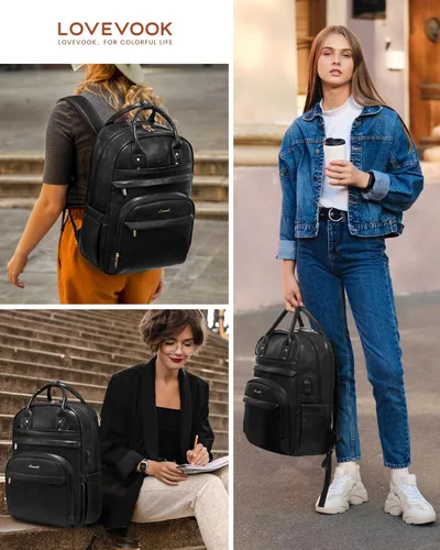 Miniatura 8 de LOVEVOOK Mochila vintage para computadora portátil de piel sintética de 15.6 pulgadas, negro, 25L, resistente al agua, puerto de carga USB