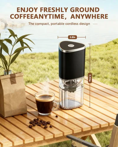 Miniatura 5 de Molinillo de café eléctrico portátil, diseño ergonómico de ajuste de palma para un agarre cómodo, carga inalámbrica USB tipo C, ajustes de molienda