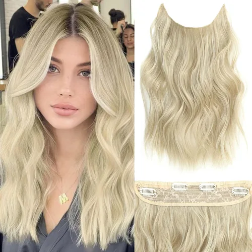 Miniatura 17 de Extensiones de cabello con halo de 12 pulgadas con alambre invisible, cabello largo ondulado ajustable, sintético, mejora con 4 clips de seguridad