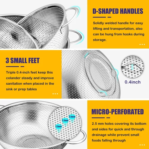 Miniatura 3 de E-far Juego de 3 coladores de acero inoxidable (1-3-5 cuartos de galón), colador de metal microperforado con mango para cocina/escurrimiento
