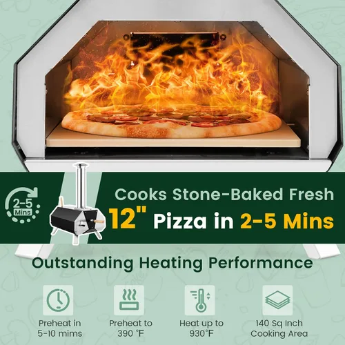 Miniatura 4 de Giantex Horno de pizza al aire libre, parrilla de pellets de madera con piedra de 12 pulgadas, pelar, patas plegables, fabricante portátil de acero