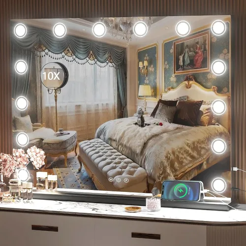 Hasipu Espejo de tocador con luces, espejo de maquillaje de 32 x 24 pulgadas, espejo iluminado con 14 luces LED regulables y aumento de 10X, 3 modos
