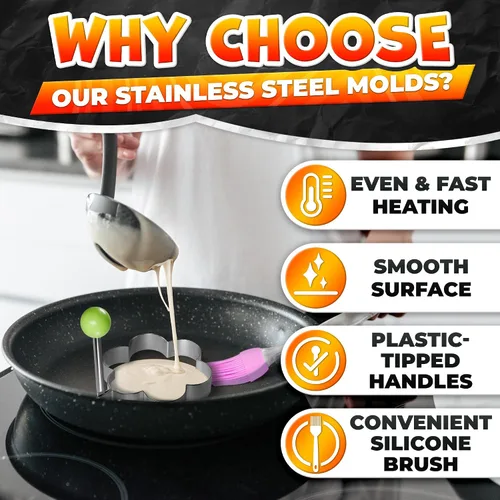 Miniatura 3 de Juego de 5 moldes para panqueques – Moldes de acero inoxidable para panqueques para plancha con formas divertidas, asas plegables – Moldeador