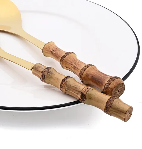Miniatura 5 de Juego de 4 utensilios para servir con mango de bambú, acero inoxidable 304, cuchara larga Hanlde para cocina, bufé, banquete, boda, fiesta, cocina