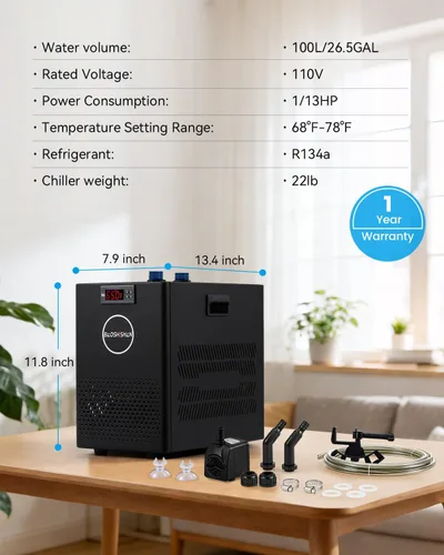 Miniatura 8 de BAOSHISHAN 1/13 HP Enfriador de acuario 26 galones 100L sistema de refrigeración por agua Quiet Compressor Refrigeration, Precise Cooling Aquarium