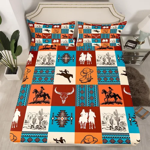 Miniatura 23 de Homewish Western Fitted Sheets Twin Size (No Flat),Retro Country Tribal Bedding Set 2Pcs,Kids Girls Boys Room Decor,Southwest Aztec Stripes Bed