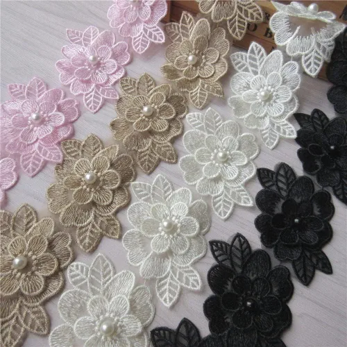 Miniatura 6 de 2 yardas de encaje de flores 3D con perlas bordadas, de poliéster, cinta de encaje con aplicación de patchwork para vestido de novia, manualidades