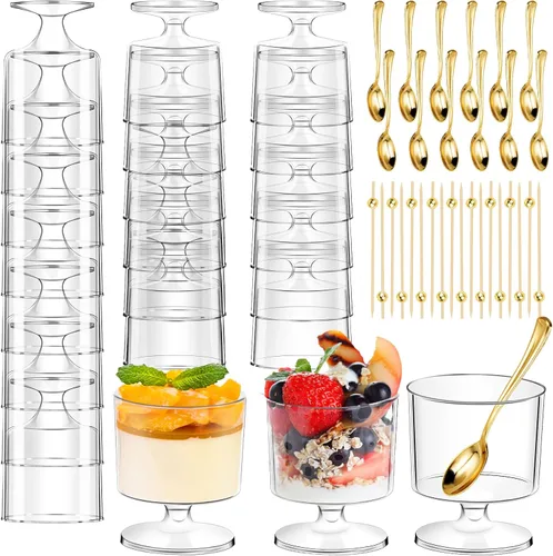 DI QIU REN 120 Piezas Vasos de Postre de 5oz con Cuchara Dorada, Vaso de Plástico Transparente para Postre Parfait Aperitivo Pudín, Copas Redondas
