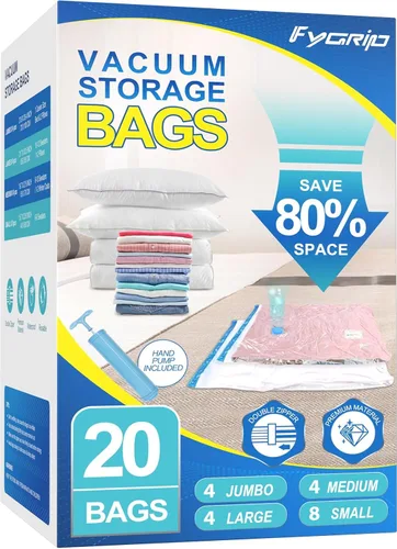 Fygrip 20 bolsas de almacenamiento al vacío con bomba de mano, 4 Jumbo + 4 grandes + 4 medianas + 8 pequeñas bolsas de plástico de embalaje, bolsas