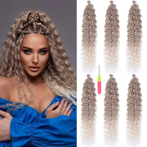 Miniatura 19 de MAYSA Extensiones de cabello sintético de ganchillo con ondas oceánicas, color 4 marrón, 22 pulgadas, rizado trenzado, extensiones de cabello