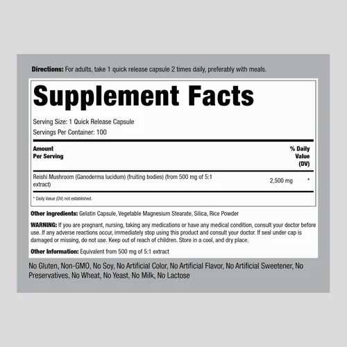 Miniatura 2 de Piping Rock Cápsulas de hongos Reishi 100 píldoras Suplemento de extracto de hierbas estandarizado con Ganoderma Lucidum Sin OMG, sin gluten