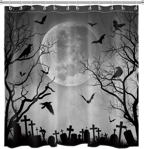 Miniatura 4 de Cortina de ducha de Halloween, cuervo negro, murciélago y árbol muerto en un bosque brumoso espeluznante con ganchos, cortina de baño de noche