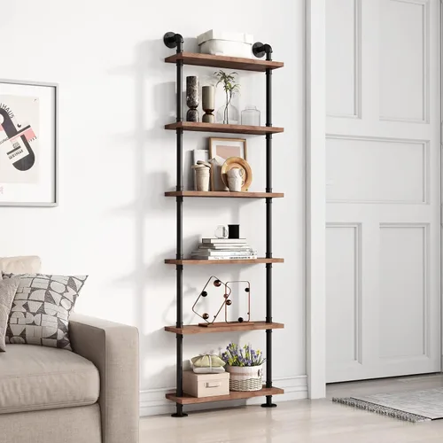Estantería industrial con escalera de madera rústica, estante industrial para decoración y almacenamiento de sala de estar, estantería (solo un