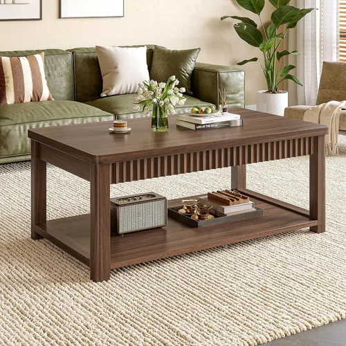 Miniatura 9 de Homkdom Mesa de café, mesas de café modernas de 39 pulgadas para sala de estar con almacenamiento de 2 niveles y borde ondulado, mesa central